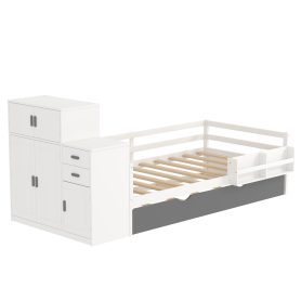 Twin Size Wood Platform Bed With Sample Bookshelf And Movable Wardrobe, Built-in Trundle Bed