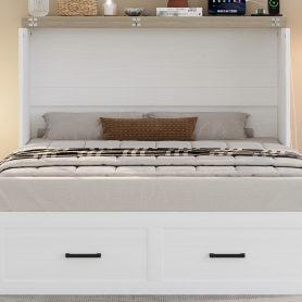 Full Size Farmhouse Murphy Cabinet Bed With Charging Station and Large Storage Drawer