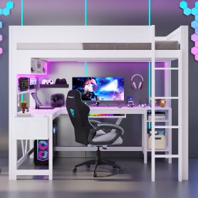 Wood Full Size Gaming Loft Bed with Desk, Storage Shelves, LED and Charging Station