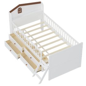 Twin Bed Frame With Storage 4 Drawers, Guardrail Headboard And Ladder