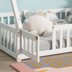 Full Size Rubber Wood Tent-shaped Floor Bed with Guardrails, Slats And Door