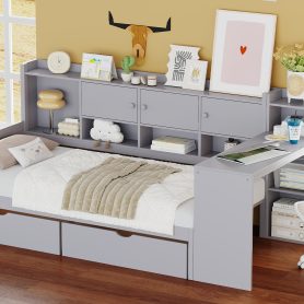 Wooden L-Shape Twin Daybed Frame with Study Desk and Built-in Bookshelf