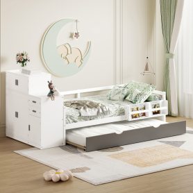 Twin Size Wood Platform Bed With Sample Bookshelf And Movable Wardrobe, Built-in Trundle Bed