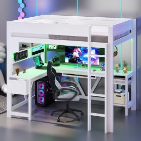 Wood Full Size Gaming Loft Bed with Desk, Storage Shelves, LED and Charging Station