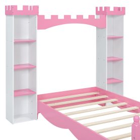 Castle-Shaped Twin Wooden Bed with Storage Shelf
