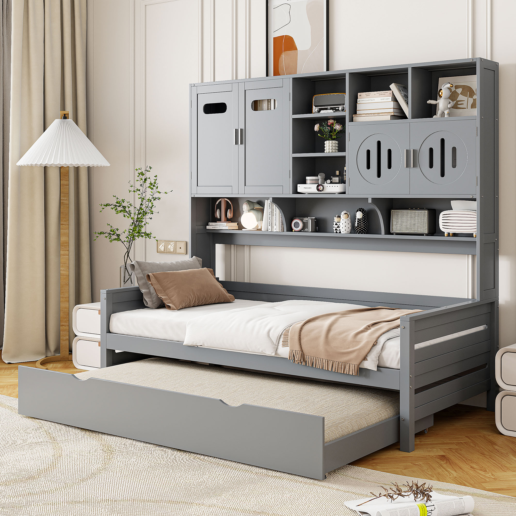 Twin Size Wooden Daybed With Twin Size Trundle, and All-in-One Cabinet and Shelf