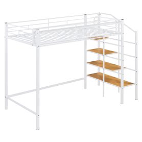 Twin Size Metal Loft Bed with Upper Grid Storage Shelf and Lateral Storage Ladder