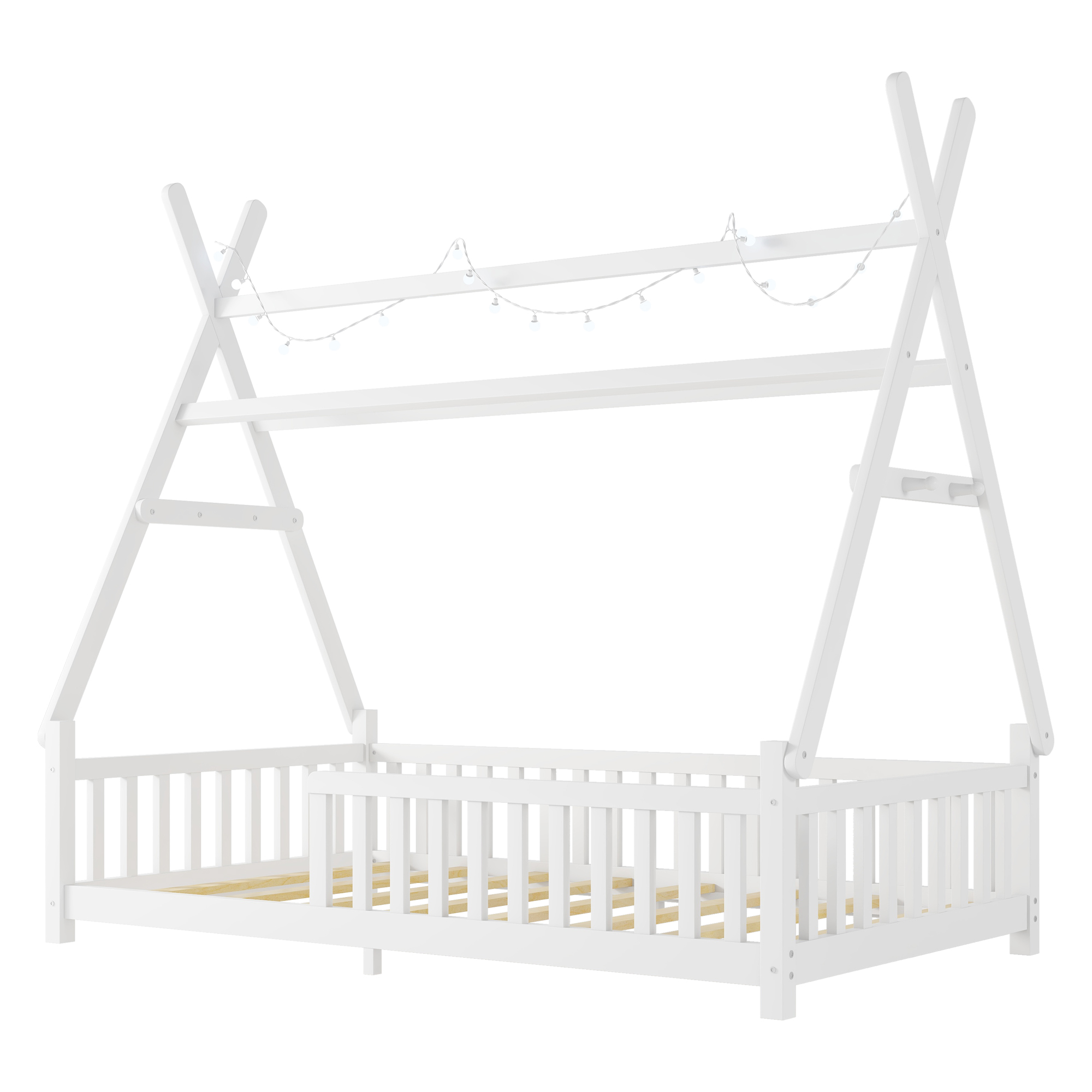 Low Floor Twin House Bed With Light, Fence And Roof 13 Low Floor Twin House Bed With Light, Fence And Roof