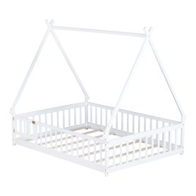 Full Size Rubber Wood Tent-shaped Floor Bed with Guardrails, Slats And Door