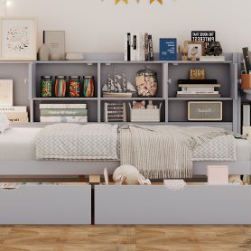 Wooden L-Shape Full Daybed Frame with Study Desk and Built-in Bookshelf