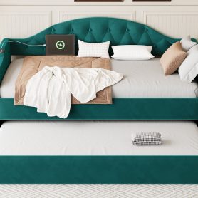 Twin Size Tufted Upholstered Daybed With Trundle, USB & Type-c Charging Ports
