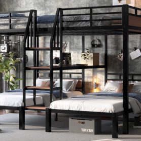 Metal Queen Over Twin Over Twin Bunk Bed With Storage Shelves And Storage Stairs