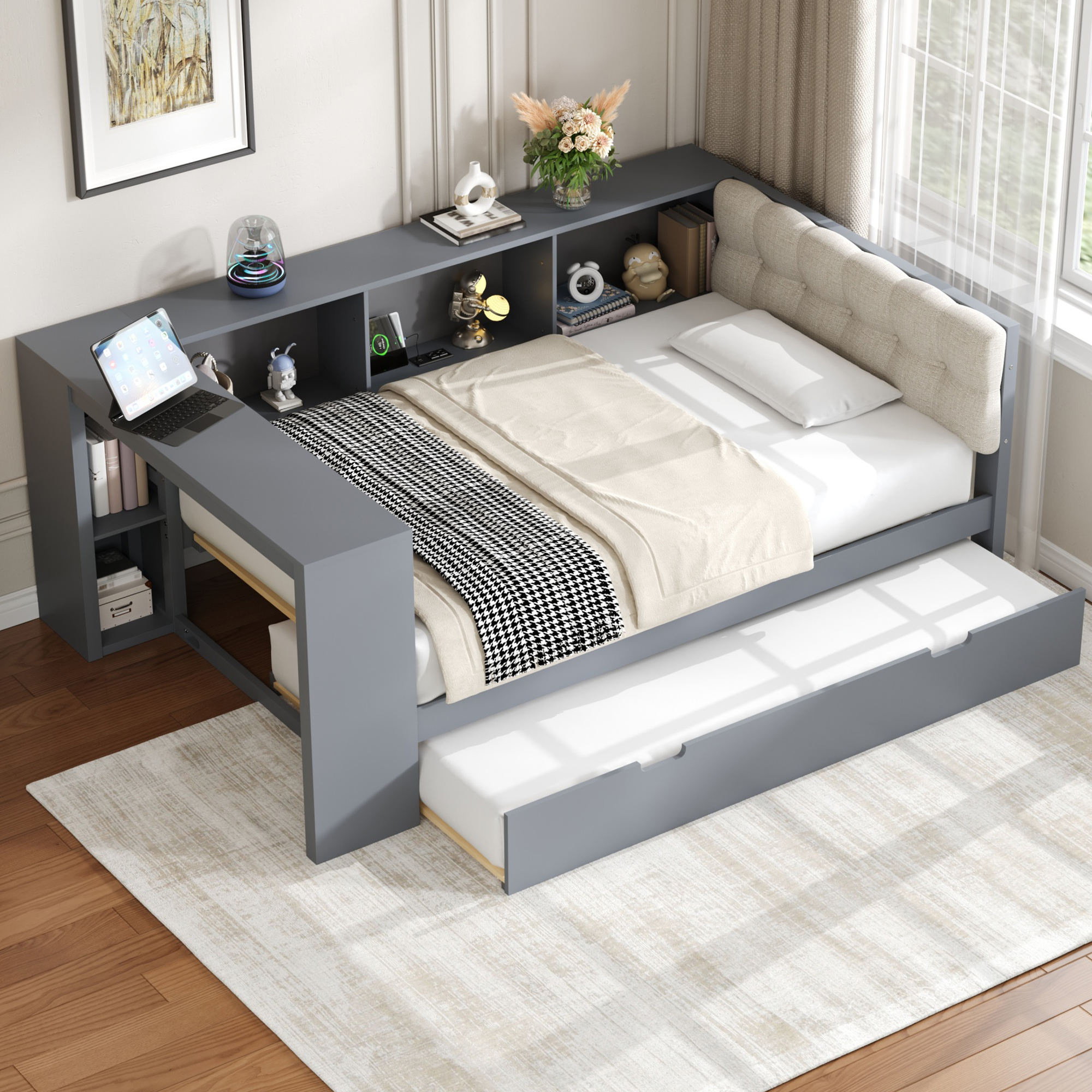 Assembly Instruction For N709P004023E 6 Wood Twin Size Platform Bed With Storage Shelves, Trundle, Charging Station And Upholstered Headboard