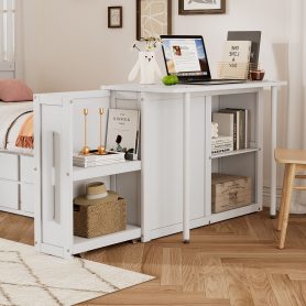 Twin Size Multifunctional Wood Platform Bed With Desk and Storage Shelf At The End Of The Bed, Built-in Trundle and 3 Drawers