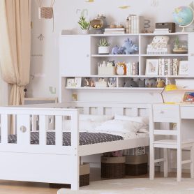 Twin Size Multifunctional Wood Platform Bed With Bookshelf At The Head Of The Bed, Built-in Desk and Matching Chair