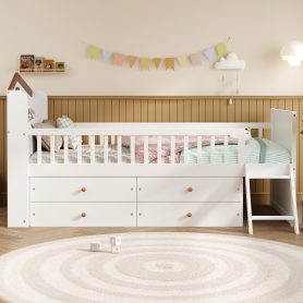 Twin Bed Frame With Storage 4 Drawers, Guardrail Headboard And Ladder