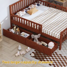 Twin Size Wood Platform Bed With Guardrails On Both Sides and Two Storage Drawers