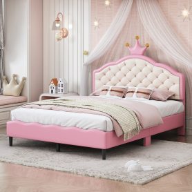 Full Size Lovely Crown Fantasy PU Leather Princess Bed With Tufted Headboard