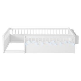 Twin Montessori Floor Bed Frame With High Rails, Light And Storage Shelf