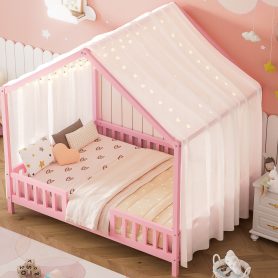 Full Size Montessori Floor Bed With Canopy and High Railings