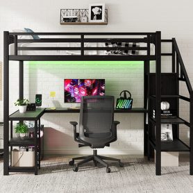 Metal Full Size Loft Bed With L-Shaped Desk, USB, Wardrobe And LED Light