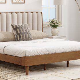 King Size Wood Bed with Piano Key Style Upholstered Headboard