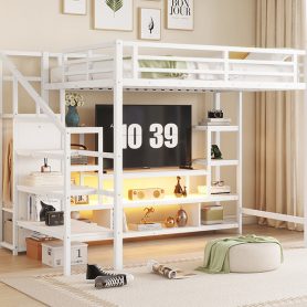 Full Size Metal Loft Bed With Tv Cabinet, Staircase And Wardrobe