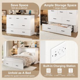 Queen Size Murphy Bed With Charging Station, 1 Large Storage Drawer