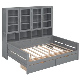 Full Size Wooden Daybed with Glass-Door Storage Cabinets, Built-in LED Lighting and Shelves