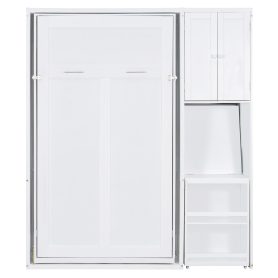 Twin Size Rotating Wall Murphy Beds with Bookshelf, Top Cabinet, Extendable Desk & Side Storage