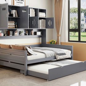 Full Size Wooden Daybed With Twin Size Trundle, and All-in-One Cabinet and Shelf 43 Full Size Wooden Daybed With Twin Size Trundle, and All-in-One Cabinet and Shelf