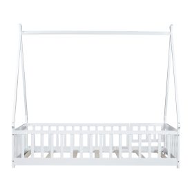 Full Size Rubber Wood Tent-shaped Floor Bed with Guardrails, Slats And Door