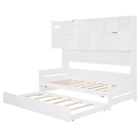 Twin Size Wooden Daybed With Twin Size Trundle, and All-in-One Cabinet and Shelf