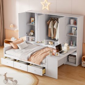 Full Size Wooden Daybed With Three Drawers, and All-in-One Cabinet, Desk and Shelves