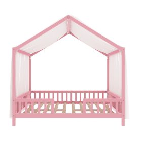 Full Size Montessori Floor Bed With Canopy and High Railings