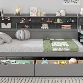 Wooden Full Size Daybed With Storage Shelves, Two Storage Drawers and Study Desk