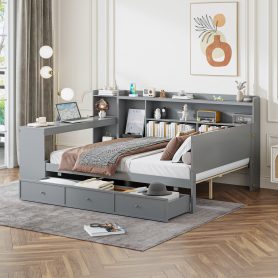Full Size Wooden Daybed With 3 Drawers, USB Ports and Desk