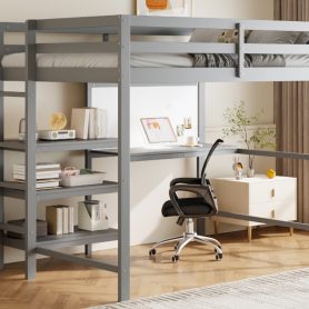 Twin Size Wooden Loft Bed with Shelves, Desk and Writing Board