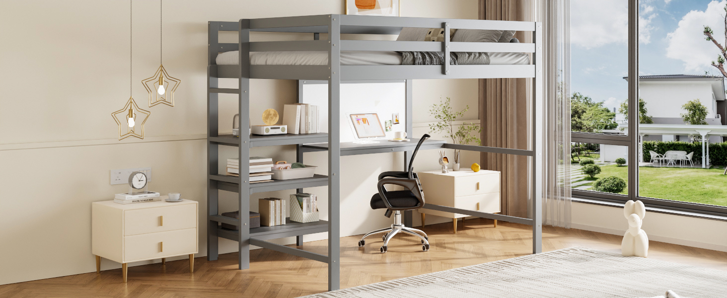 Twin Size Wooden Loft Bed with Shelves, Desk and Writing Board