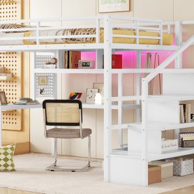 Metal Full Size Loft Bed With LED Light, Charge Station, Desk And Staircase
