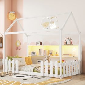Wood Twin Size House Bed With LED Light, Storage Bookshelf, and Guardrails