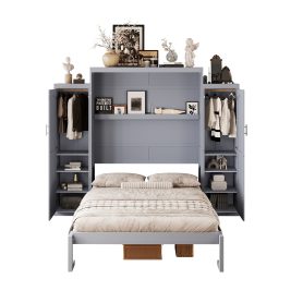 Queen Size Murphy Bed with 2 Wardrobe and Storage Shelf,
