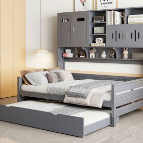 Full Size Wooden Daybed With Twin Size Trundle, and All-in-One Cabinet and Shelf 41 Full Size Wooden Daybed With Twin Size Trundle, and All-in-One Cabinet and Shelf