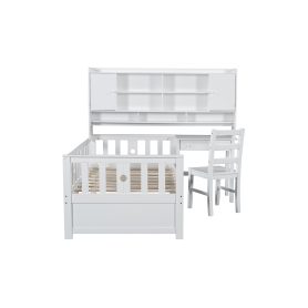 Twin Size Multifunctional Wood Platform Bed With Bookshelf At The Head Of The Bed, Built-in Desk and Matching Chair