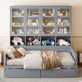 Full Size Wooden Daybed with Glass-Door Storage Cabinets, Built-in LED Lighting and Shelves