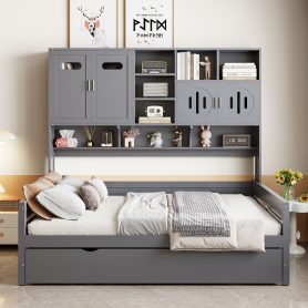 Full Size Wooden Daybed With Twin Size Trundle, and All-in-One Cabinet and Shelf