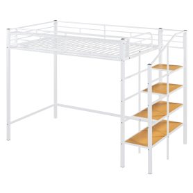 Twin Size Metal Loft Bed with Upper Grid Storage Shelf and Lateral Storage Ladder