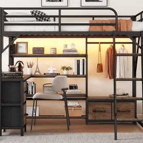 Queen Size Loft Bed with Desk and LED, Metal Loft Bed with Storage Shelves