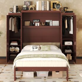Wooden Full Wall Bed With 2 Wardrobe And Storage Shelf