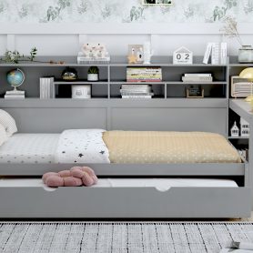Wooden Full Size Daybed With Storage Shelves, Twin Size Trundle Bed and  Study Desk